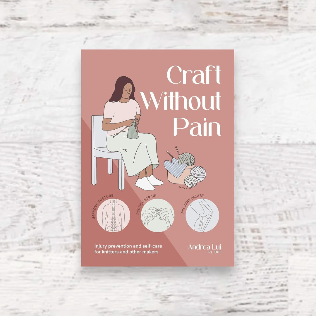 Fuzzy Goat Craft Without Pain book cover featuring an illustration of a person knitting on a dusty pink background.