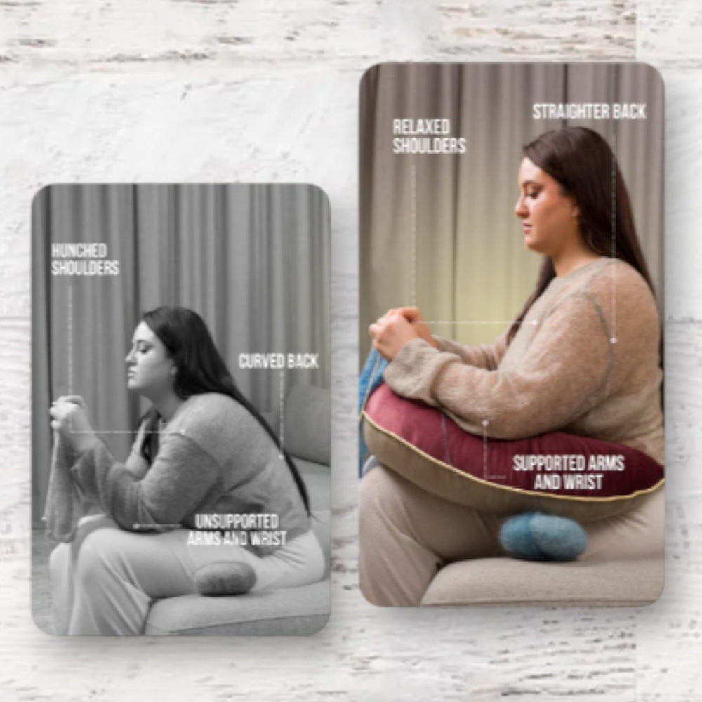 Fuzzy Goat ergonomic pillow showing improved posture for crafters with arm and back support compared to hunched position
