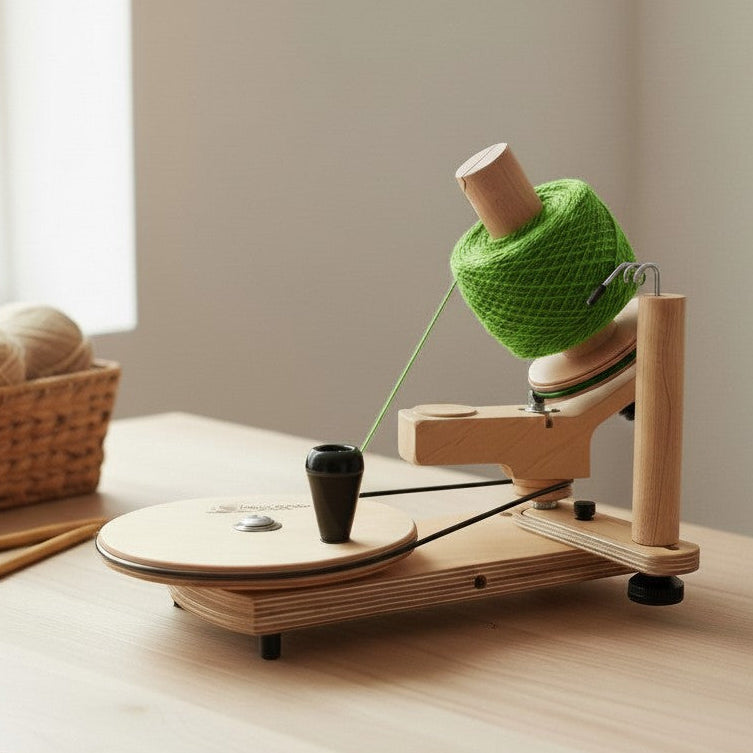 Fuzzy Goat Maple Jumbo Yarn Ball Winder made of solid wood with a green yarn cake on a light wooden table